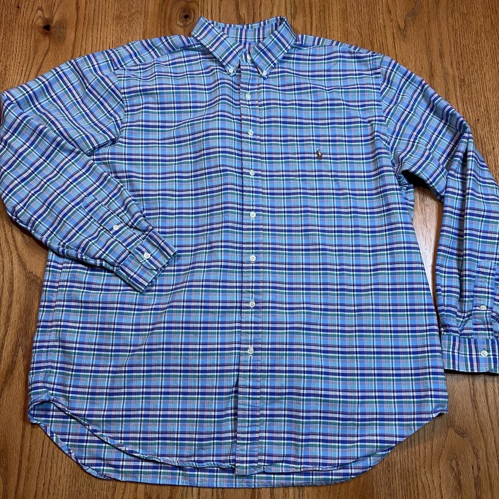 Polo Ralph Lauren Men's 2XLT Tall‎ Plaid Oxford Shirt Pastel Blue Flesh Pony